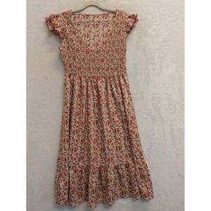 Shein Red Floral Smocked Midi Dress Women's Size S Square Neck Cottagecore